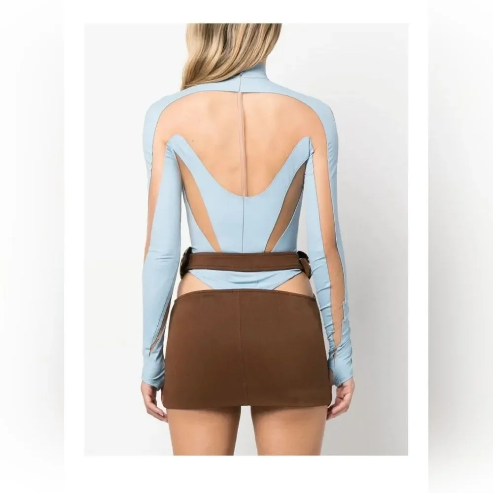 Mugler Illusion Cutout Bodysuit –‎ Light Blue Mesh, Size 8 | NWT